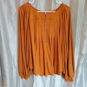Boho 70s Free People Knit Tunic Blouse Orange XS Balloon Sleeve Scoop Neck
